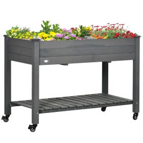 47" x 21" Raised Garden Bed Elevated Wooden Planter Box w/ Lockable Wheels, Storage Shelf for Backyard, Dark Gray