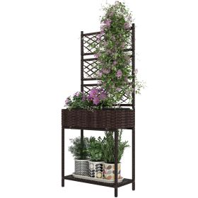 Outdoor Wicker Planter with Trellis for Climbing Plants, Freestanding Rattan Garden Box with Storage Shelf, Brown