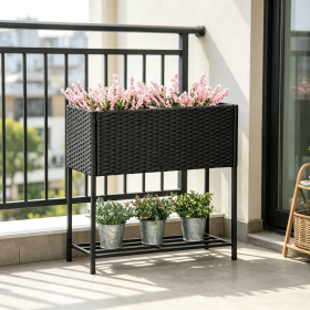 PE Rattan Wicker Raised Planter Box with Rack Shelf for Flower And Vegetable Garden Outdoor Indoor Plant Growing Container