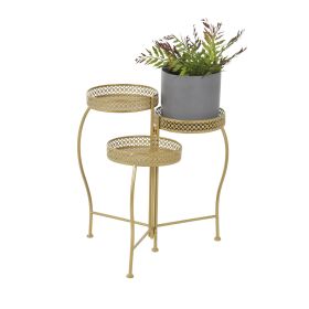 17" x 17" x 20" 3 Tier Gold Metal Curved Folding Plantstand with Floral and Scroll Patterns