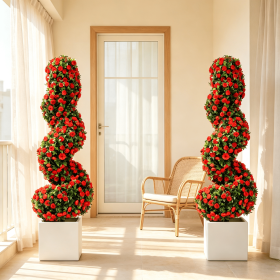 Set of 2 Artificial Spiral Topiary Trees Sun Protection with Ground Spikes Fake Evergreen Landscape Garden Decor