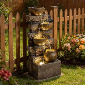 Rustic Brown Outdoor Fountain, Garden Fountain with LED Lights