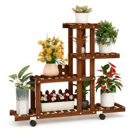 4-Tier Wooden Plant Stand with Wheels, Rolling Multi-Tier Plant Shelf with Lockable Casters