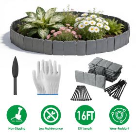 16FT Non-Digging Plastic Landscape Edging 20Pcs Faux Cobbled Stone Garden Borders with 20 Spikes Shovel Gloves Flexible Bendable for Flower Beds (Color: Grey)