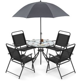6 Pieces Patio Dining Set Folding Chairs Glass Table Tilt Umbrella for Garden (Color: Gray)