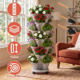 7-Tier Vertical Stackable Planter Tower with Casters, Space-Saving Stack-Up Garden Pots with Complete Tool Kit for Balcony, Deck (Color: Grey)
