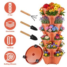 7-Tier Vertical Stackable Planter Tower with Casters, Space-Saving Stack-Up Garden Pots with Complete Tool Kit for Balcony, Deck (Color: Red)