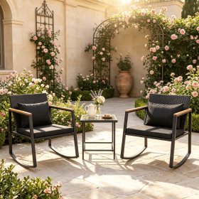 3-Piece Outdoor Rocking Bistro Set with Soft Cushions And Tempered Glass Table for Garden Patio Coffee (Color: Dark Brown)