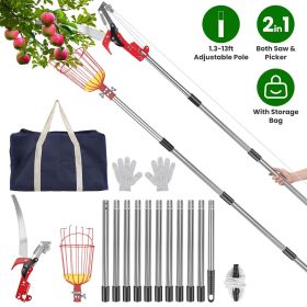 2-in-1 Pole Saw & Fruit Picker with 1.3-9.6FT Extendable Stainless Steel Pole Manual Tree Pruner with 65Mn Steel Blade Fruit Picking Basket Stora (size: 14.5 FT)