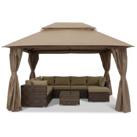 Outdoor Patio Gazebo, Roman Canopy Tent Shelter with Mosquito Netting and Privacy Sidewalls, PA-Coated Heavy Duty Frame for Backyard Garden, Gray (Color: Khaki, size: 13*10)