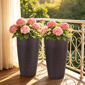 Set of 2 Faux Rattan Tall Planters Outdoor Indoor Large Planters with Water Level Monitor Inner Bucket, Automatic Watering (Color: as Pic)